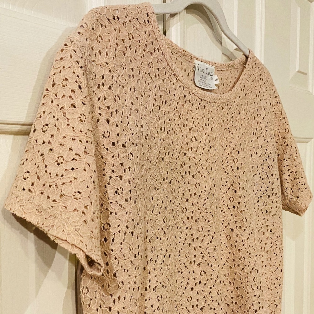 🌼 Pierre Cardin Small Tan Floral Lace Blouse Shirt Unique Vintage Cottage Top